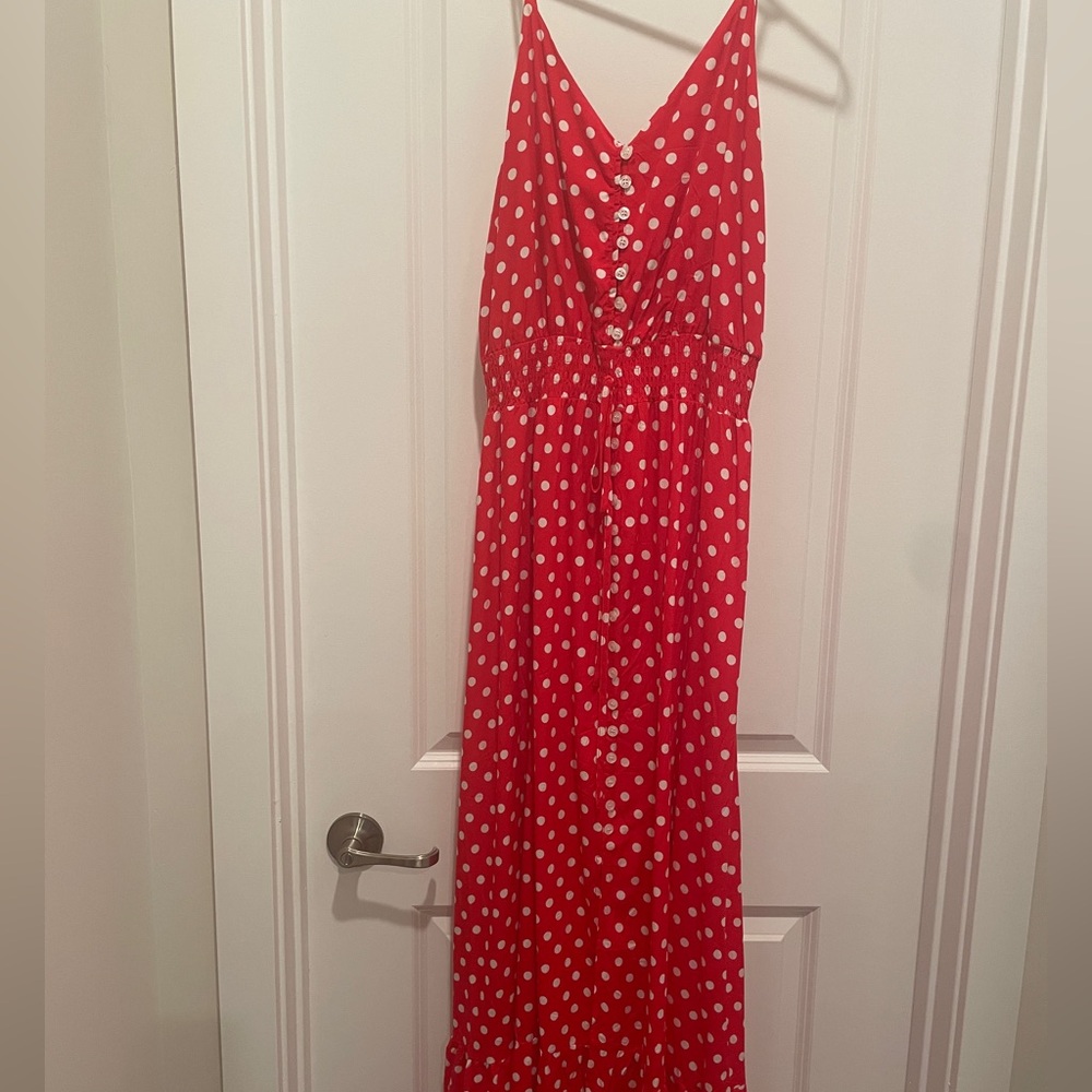 Cute Red Polka Dot Maxi Dress with Thin Straps